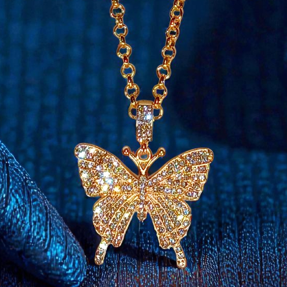 Bold Pave Crystal Butterfly Charm Choker Necklace Glam Luxe Romantic Boho Chic